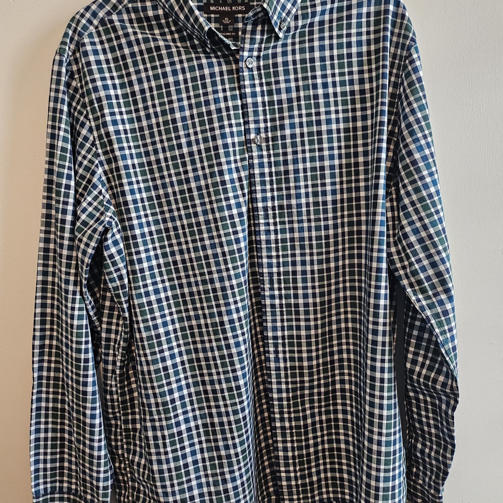 Michael Kors Men's Navy and White Plaid Shirt